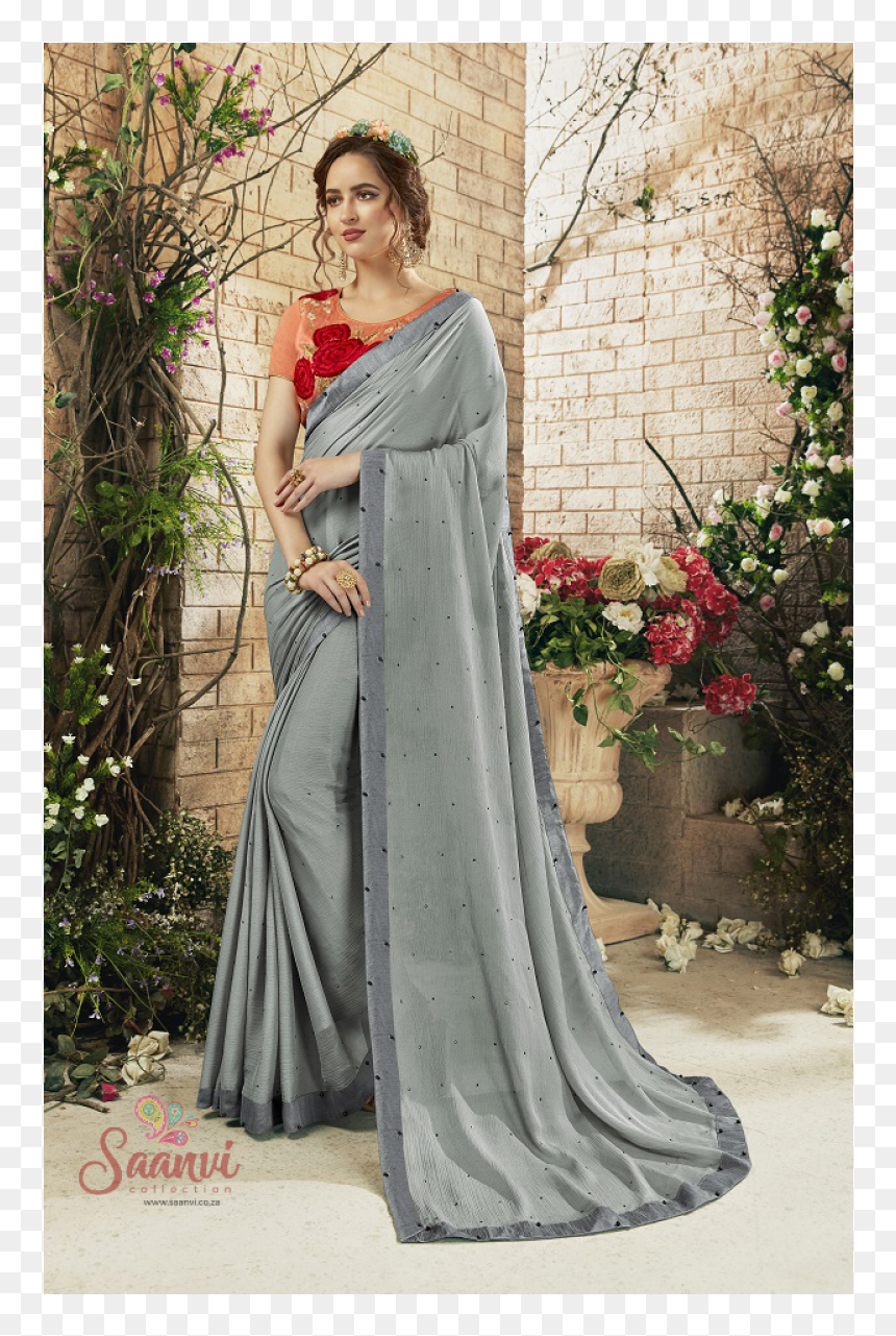 Party Wear Grey Colour Saree, HD Png Download - silk saree png