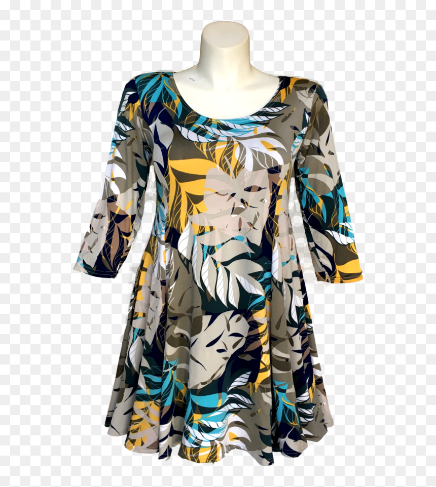 Contemporary Leaf Print Dress In Gold Taupe Green Navy - Day Dress, HD Png Download - green flare png