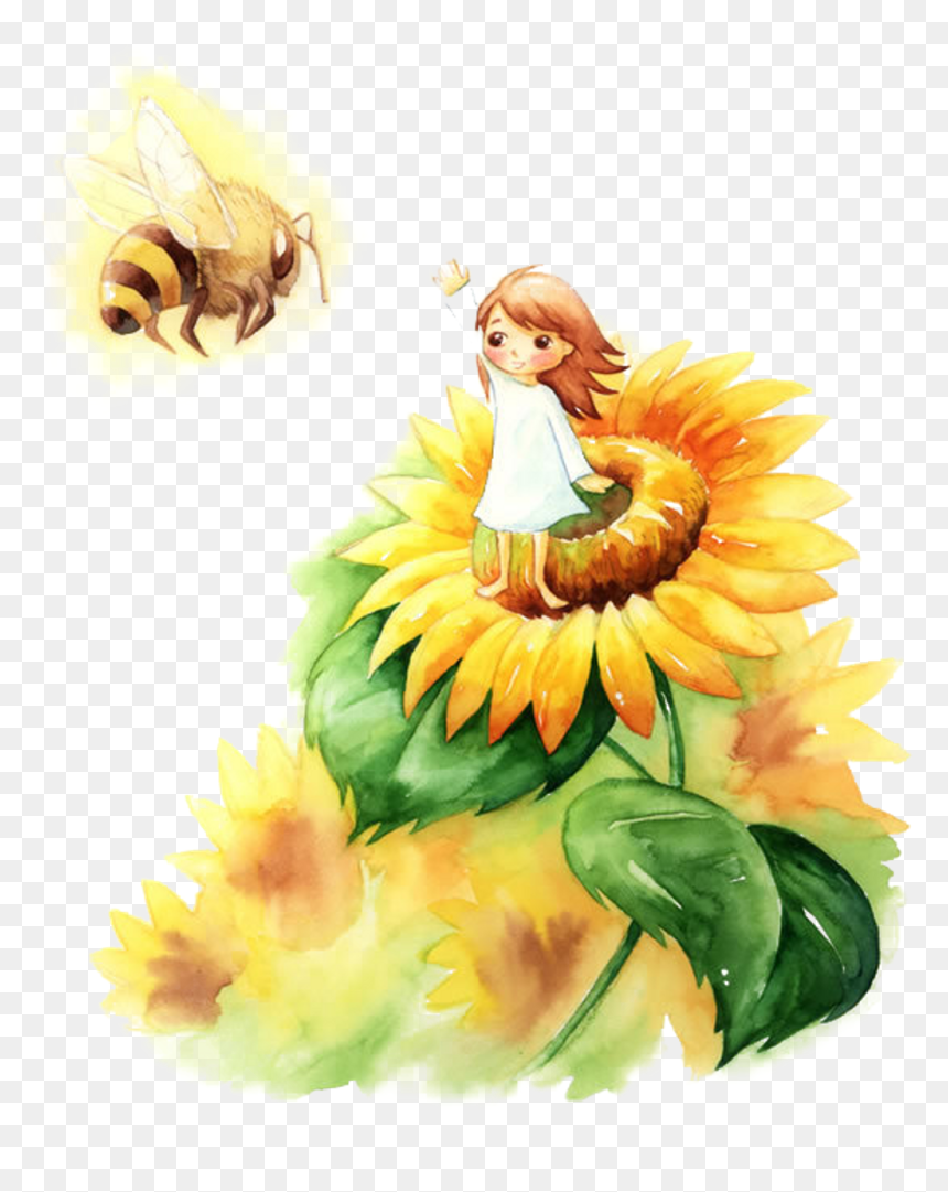 #sunflower #girl #cartoon #bee #art - Sunflower With Girl Cartoon, HD Png Download - cartoon bee png
