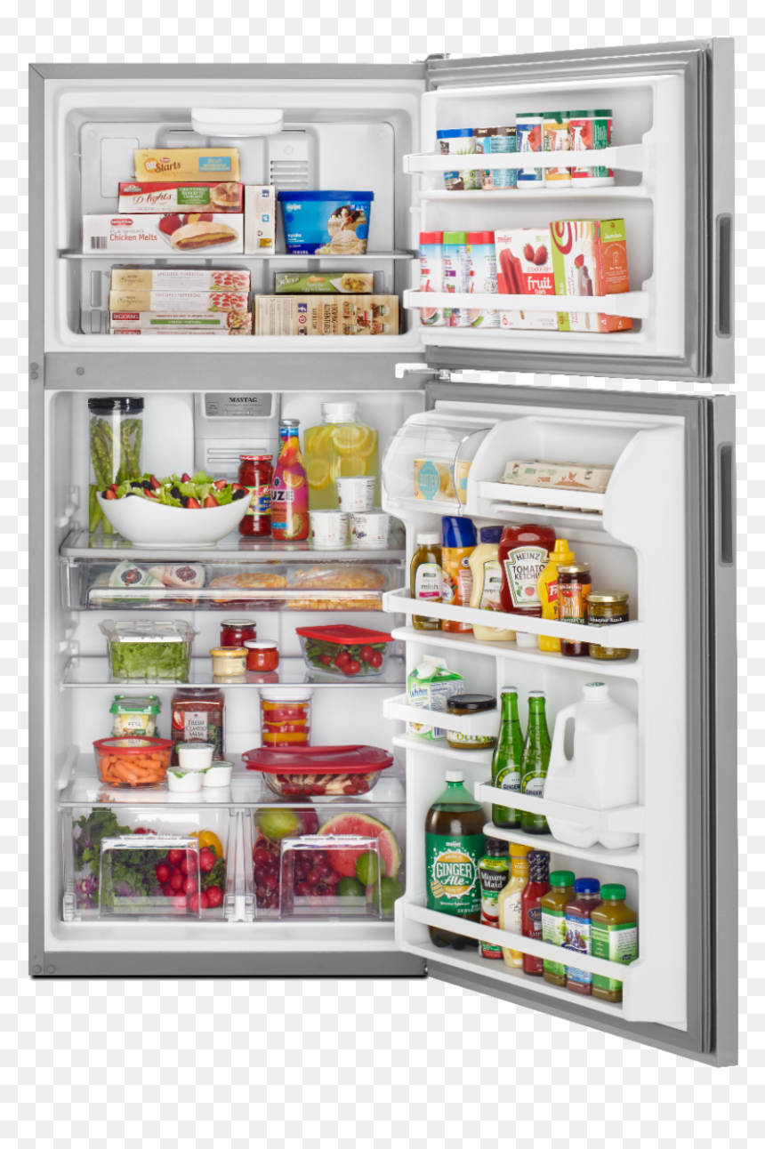 Top-freezer Refrigerator Stocked With Food - Organizing A Top Freezer Refrigerator, HD Png Download - refrigerator top view png