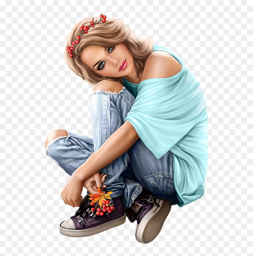 Femme Assise En Jean, HD Png Download - chicas png