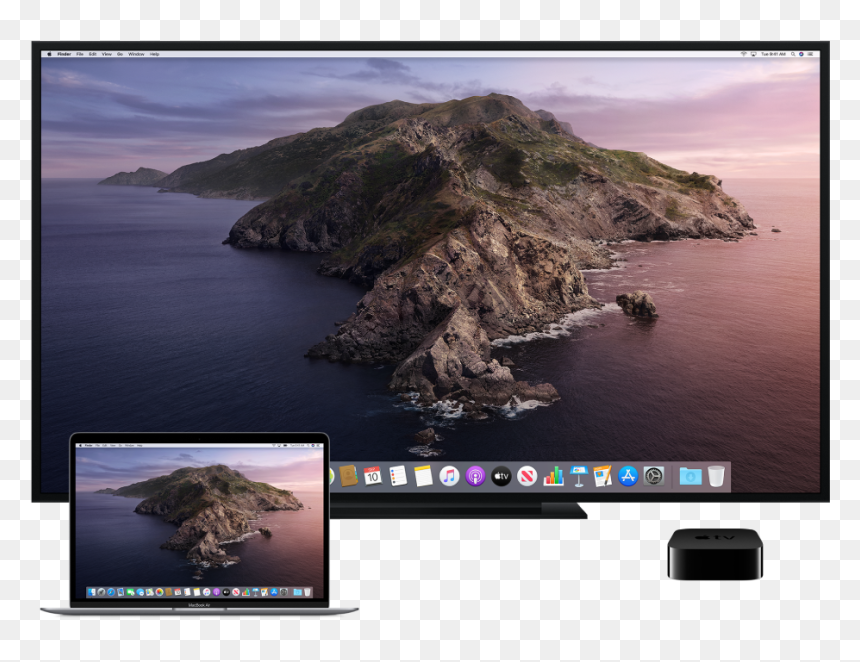 A Mac, An Hdtv, And Apple Tv Set Up For Airplay Mirroring - Mac Os Catalina Обои, HD Png Download - apple tv icon png