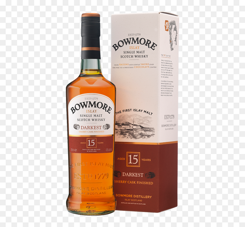 Bowmore Darkest 15 Yr Sherry Cask Single Malt Scotch"
 - Bowmore 15 Year Old Darkest, HD Png Download - scotch png
