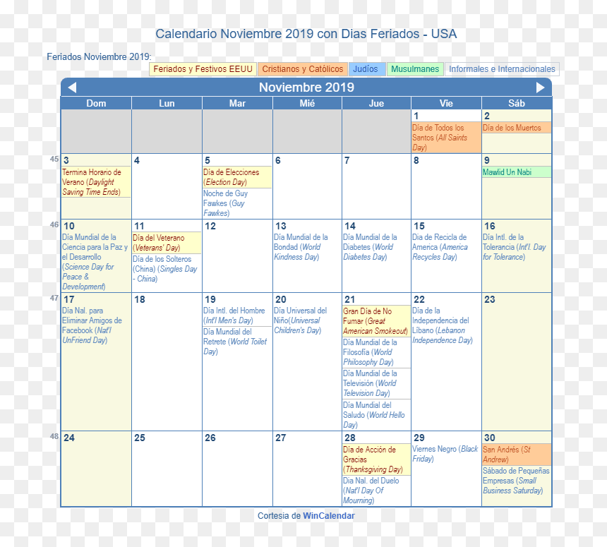 Calendario Estados Unidos Noviembre 2019 En Formato - January 2020 Calendar With Holidays, HD Png Download - estados unidos png