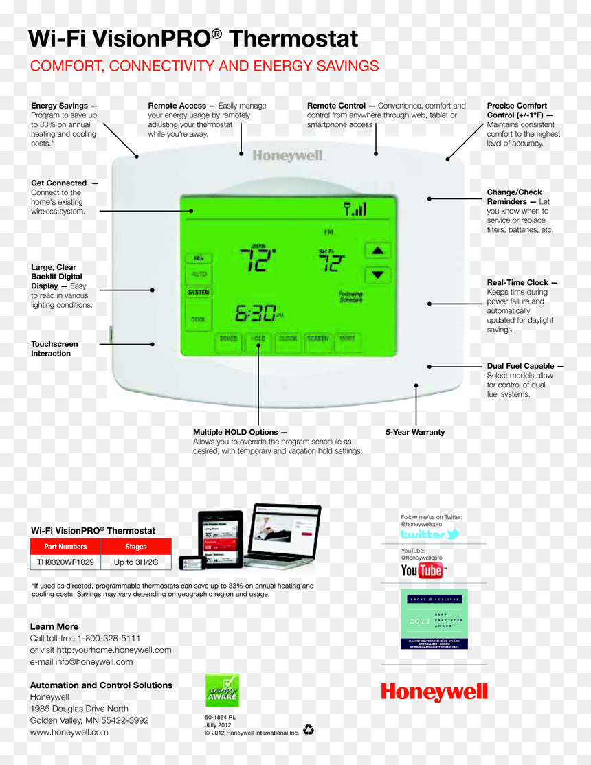 Wi Fi Vision Pro 8000 Thermostat By Honeywell - Programmable Thermostat, HD Png Download - honeywell png