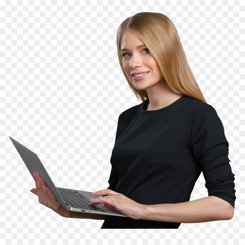 Business Woman Holding Laptop, Dressed In Black - Black Lady Holding A Laptop, HD Png Download - woman with laptop png