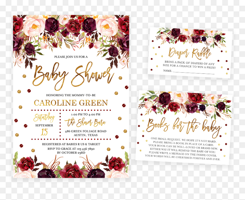 Marsala And Gold Floral Baby Shower Invitation Pack - Floral Maroon Png, Transparent Png - gold floral design png