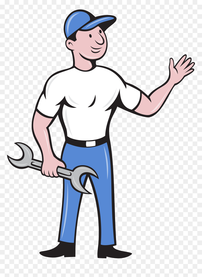 Mechanic Hold Spanner Waving Hand Cartoon Card - Mechanic Repairman Clip Art, HD Png Download - waving hand png