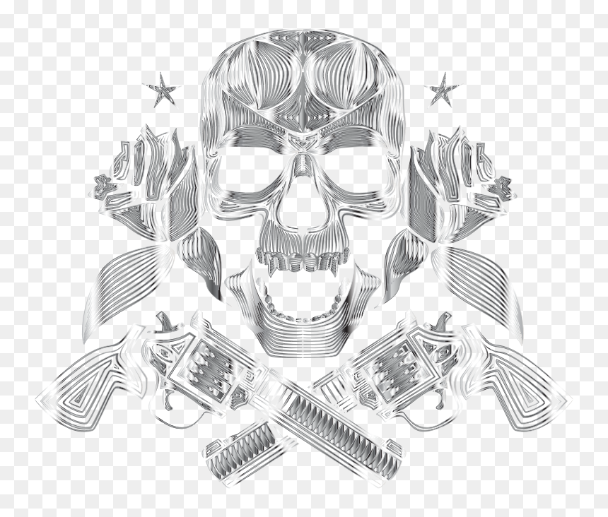 Flowers And Firearms Skull Line Art Polished Chrome - Illustration, HD Png Download - chrome texture png