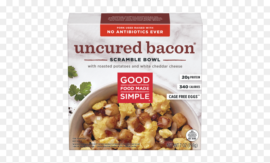 Uncured Bacon Scramble Bowl With Roasted Potatoes And - Home Fries, HD Png Download - cheddar cheese png
