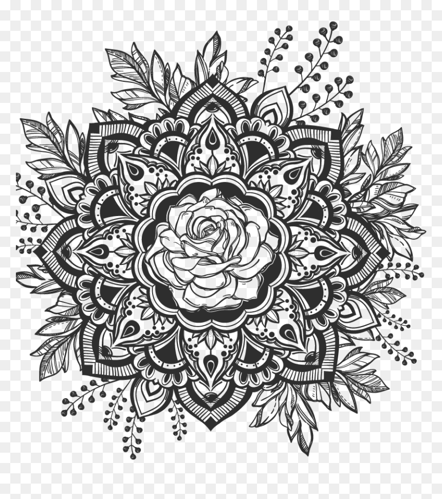 Tattoo Mandala Drawing, HD Png Download - design black and white art flower png