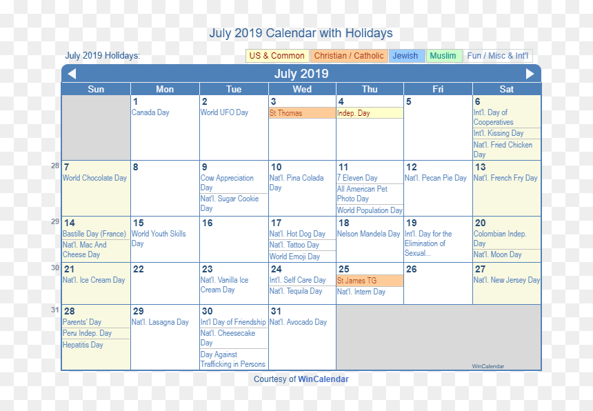 July 2019 Printable Calendar With Us Holidays - July 2019 Holiday Calendar, HD Png Download - calendar emoji png