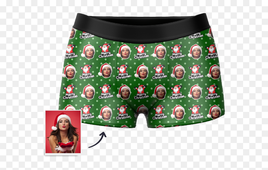 Christmas Hat Custom Santa Claus Face Boxer Shorts - Santa Socks Boxers, HD Png Download - green santa hat png