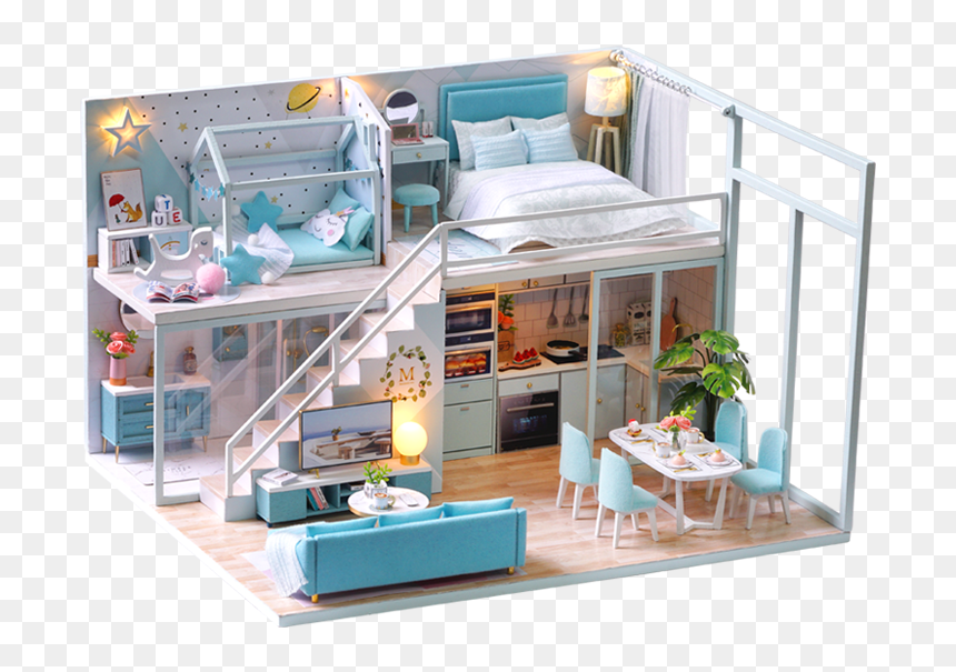 Cuteroom L028 Diy Cottage Poetic Life Handmade Loft - Diy Miniature Doll Houses Kit Led Lights Blue, HD Png Download - dollhouse png
