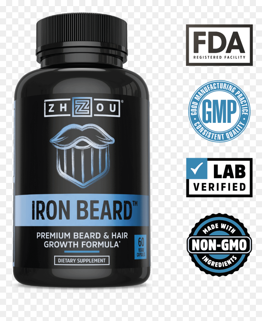 Lab Verified, Non Gmo Iron Beard From Zhou Nutrition"
 - Bottle, HD Png Download - hipster beard png