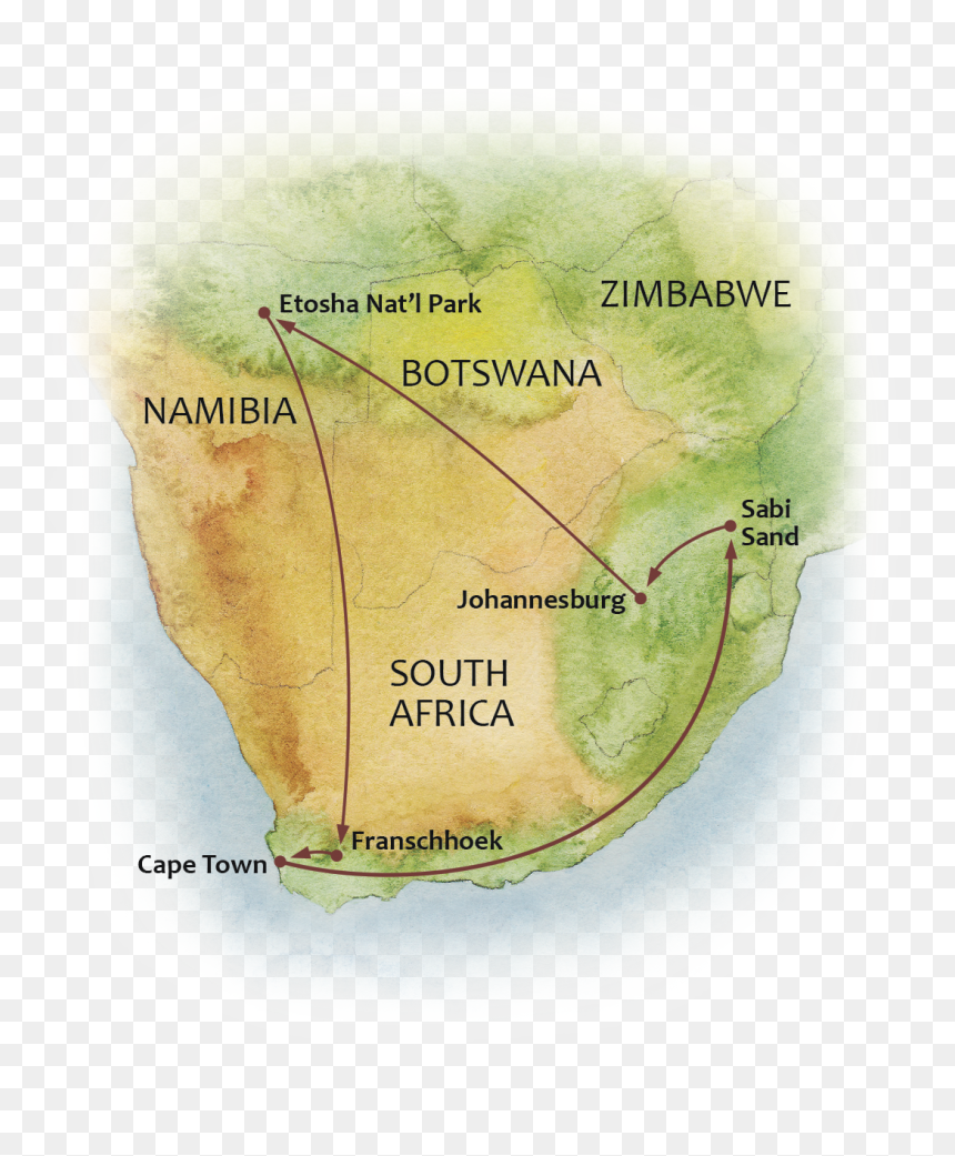 Map Of The Great Namibia And South Africa Safari - Map, HD Png Download - thorn bush png