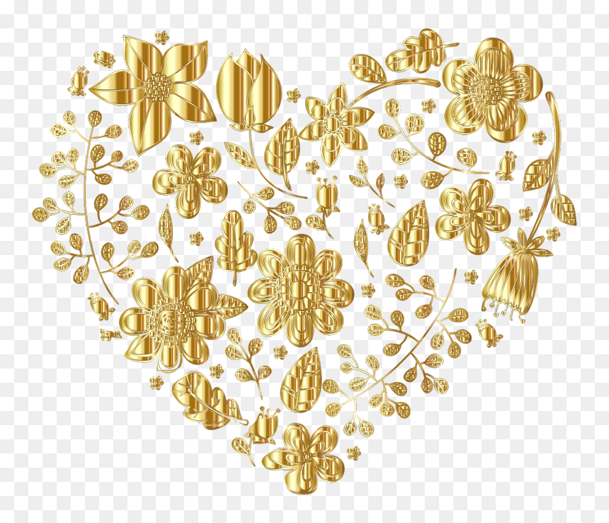 Gold Floral Heart Variation 2 No Background - Transparent Png Heart Gold Png, Png Download - gold floral png