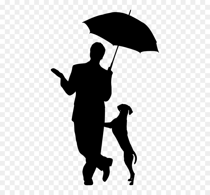 Silhouette, Dog, Umbrella, Man, Pet, Friendship, Care - Man With Umbrella Silhouette, HD Png Download - person walking dog png