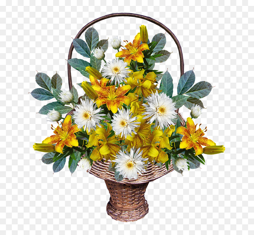 Flowers, Basket, Arrangement, Yellow, Leaves, Lilies - Bouquet, HD Png Download - bouquet basket png