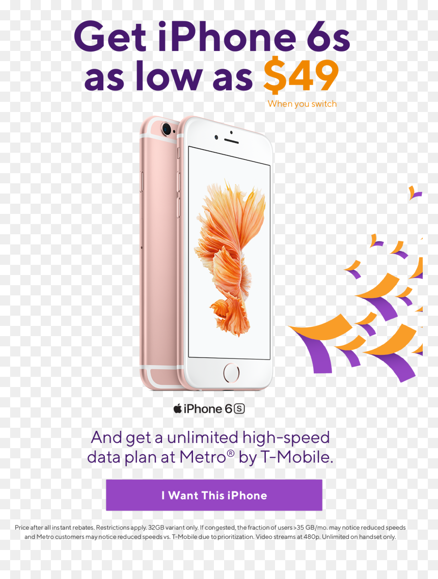 Get Iphone 6s From Metro By T-mobile For As Low As - Smartphone, HD Png Download - t-mobile png
