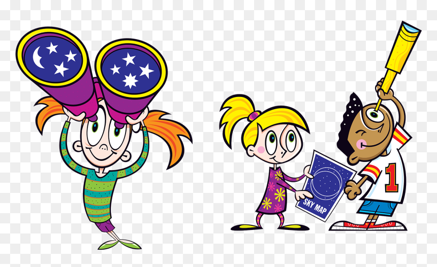 Three Children Using Binoculars, A Star Map And A Telescope - Cartoon, HD Png Download - three stars png