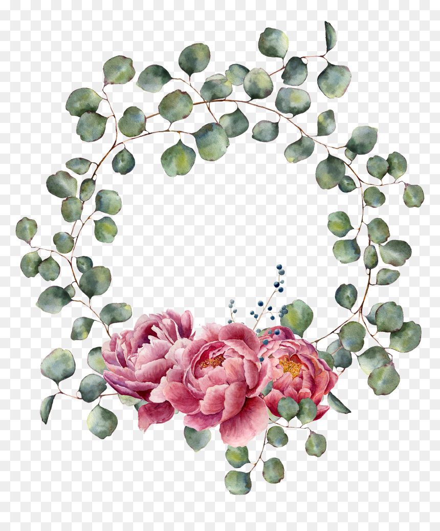 Floral Wreath Eucalyptus Rose, HD Png Download - flores acuarela png