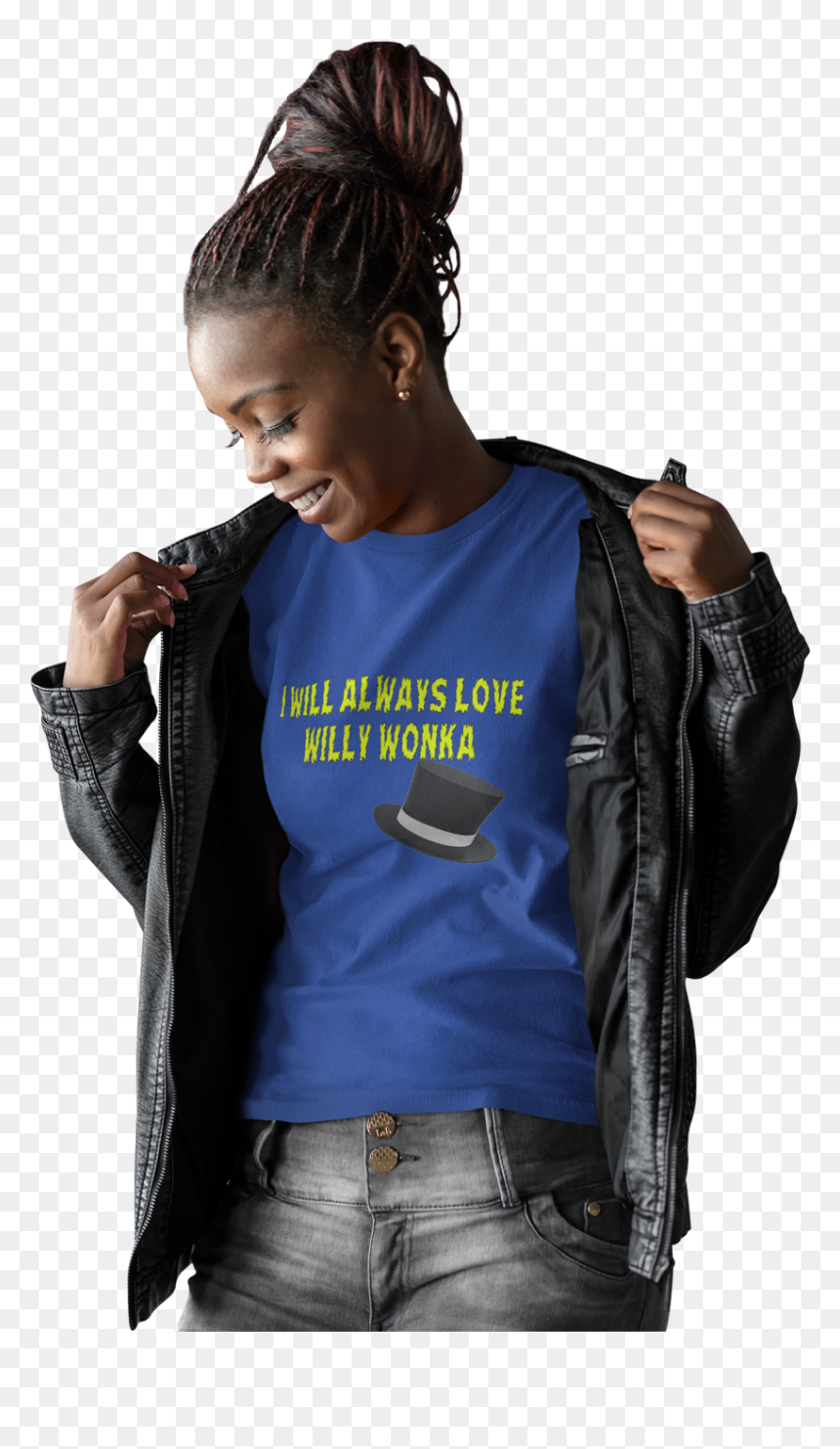 I Will Always Love Willy Wonka - Woman T Shirt Mockup Jacket, HD Png Download - black cancer ribbon png