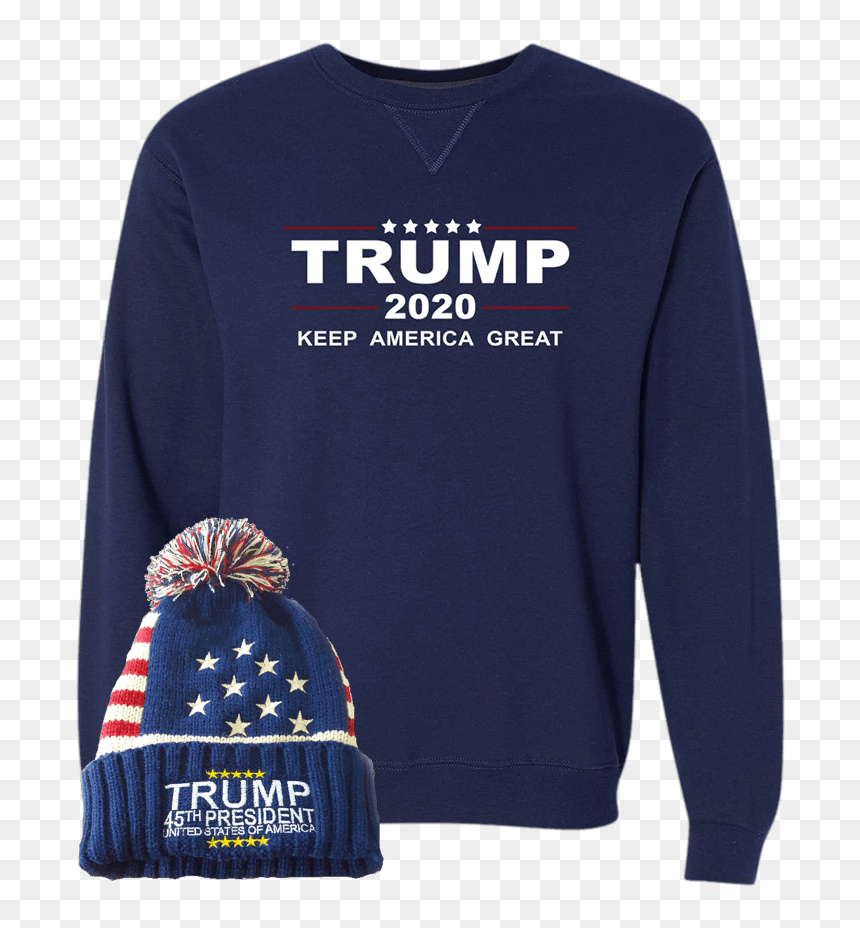 Trump 2020 Sweatshirt With Free Beanie - Long-sleeved T-shirt, HD Png Download - make america great hat png