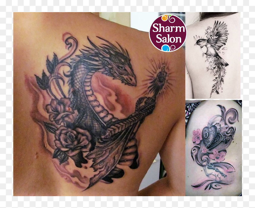 Dragon Tattoo With Rose On Shoulder, HD Png Download - feather tattoo png
