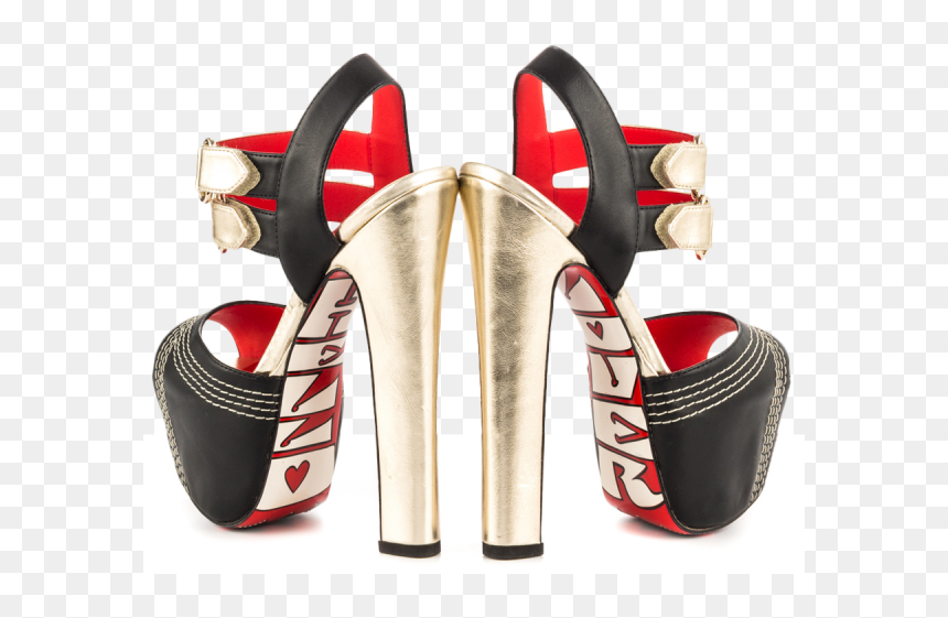 Black And Gold Heels Buckle Ankle Strap Sandals Chunky - Black Red Gold High Heels, HD Png Download - gold heels png