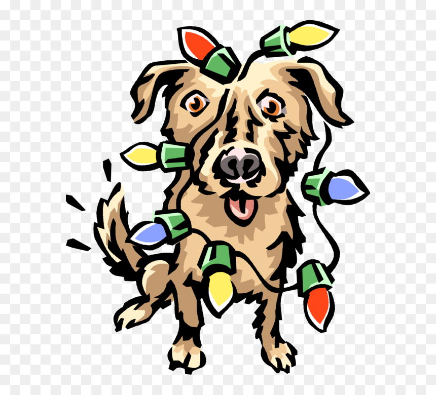Vector Illustration Of Family Pet Dog Wrapped In Christmas - Dog Catches Something, HD Png Download - christmas lights vector png