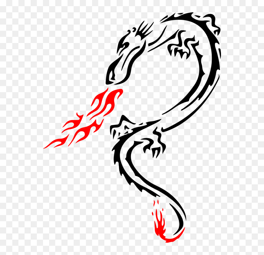 Line Art,plant,calligraphy - Tribal Dragon With Flames Tattoos, HD Png Download - tribal dragon png