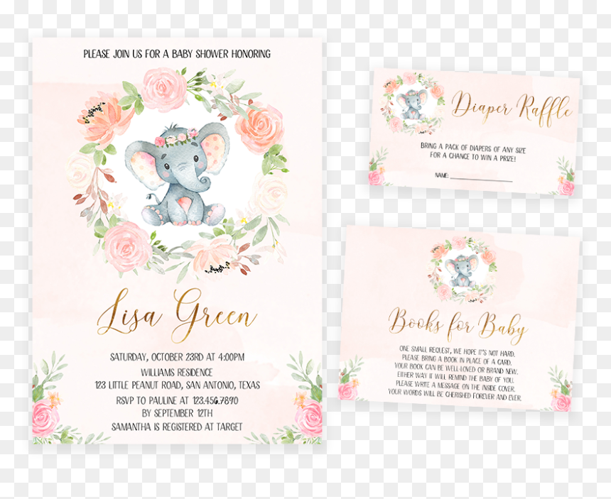 Pink Ink Floral Elephant Baby Shower Invitation Pack - Garden Roses, HD Png Download - baby elephant baby shower png