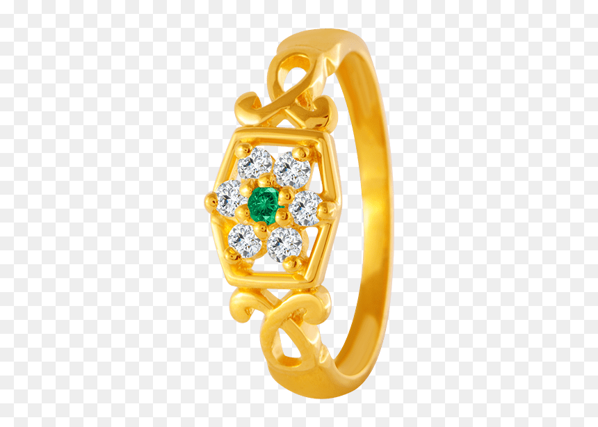 22kt Yellow Gold, American Diamond And Emerald Ring - Engagement Ring, HD Png Download - one ring png