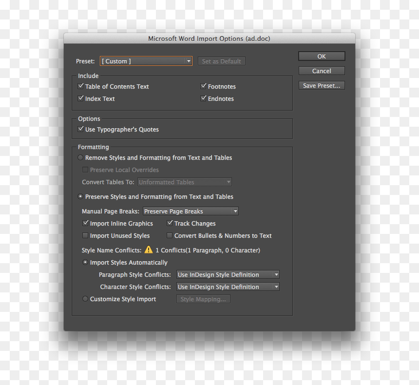 Import Options When Placing A Word Document - Xcode 2 Dark Color Scheme, HD Png Download - check boxes png