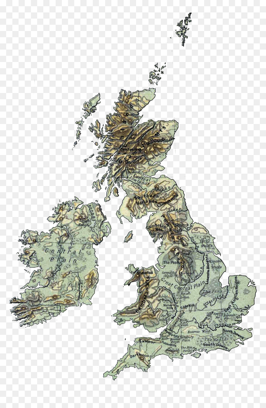 Physical Map British Isles Ref 1926 Clear - Uk Ufo Sightings Map, HD Png Download - clear.png