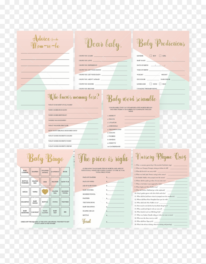 Pink And Gold Printable Baby Shower Games By Littlesizzle - Brochure, HD Png Download - bolas de bingo png