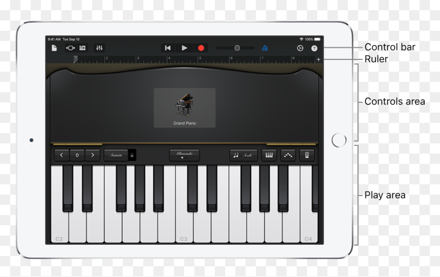 Touch Instrument Showing Control And Play Areas - Piano In Garage Band, HD Png Download - teclado piano png