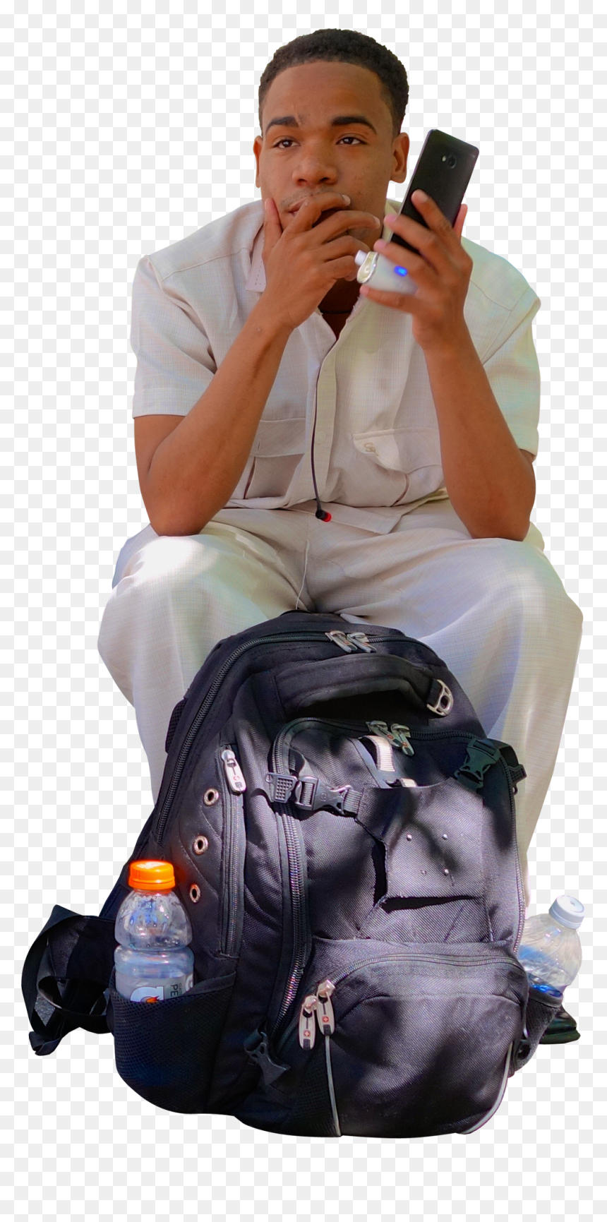 Hombre Chico Mochila Móvil Negro Sentado Sentada - Sitting, HD Png Download - persona sentada png