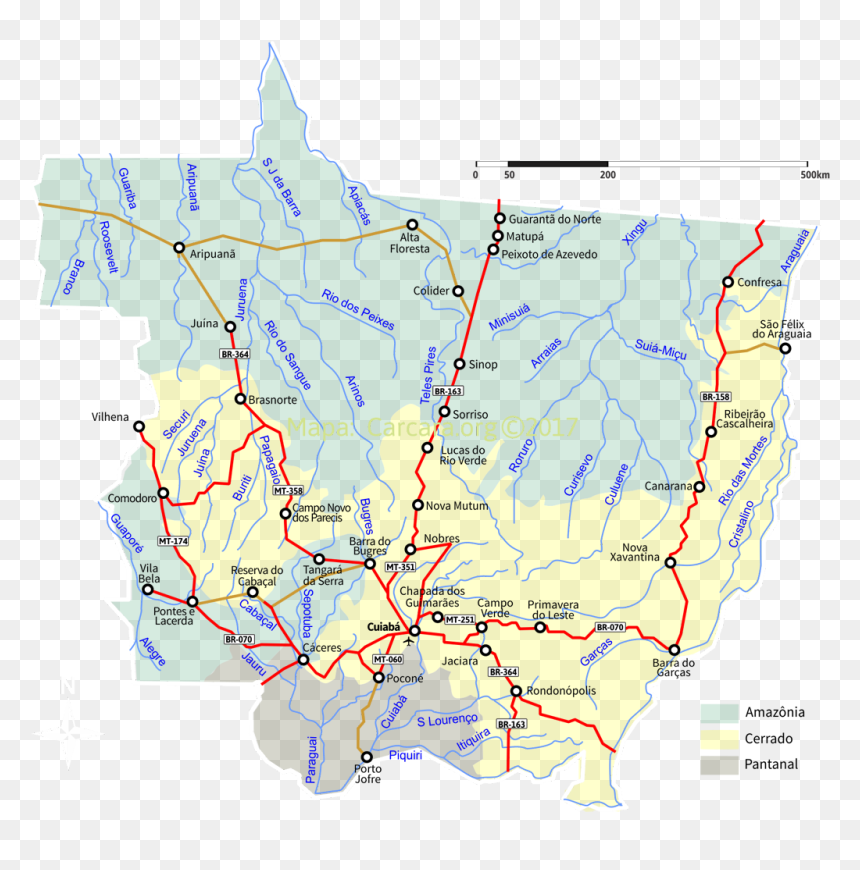 Rios, Cidades E Estradas - Brazil Map Mato Grosso, HD Png Download - mapa do brasil png