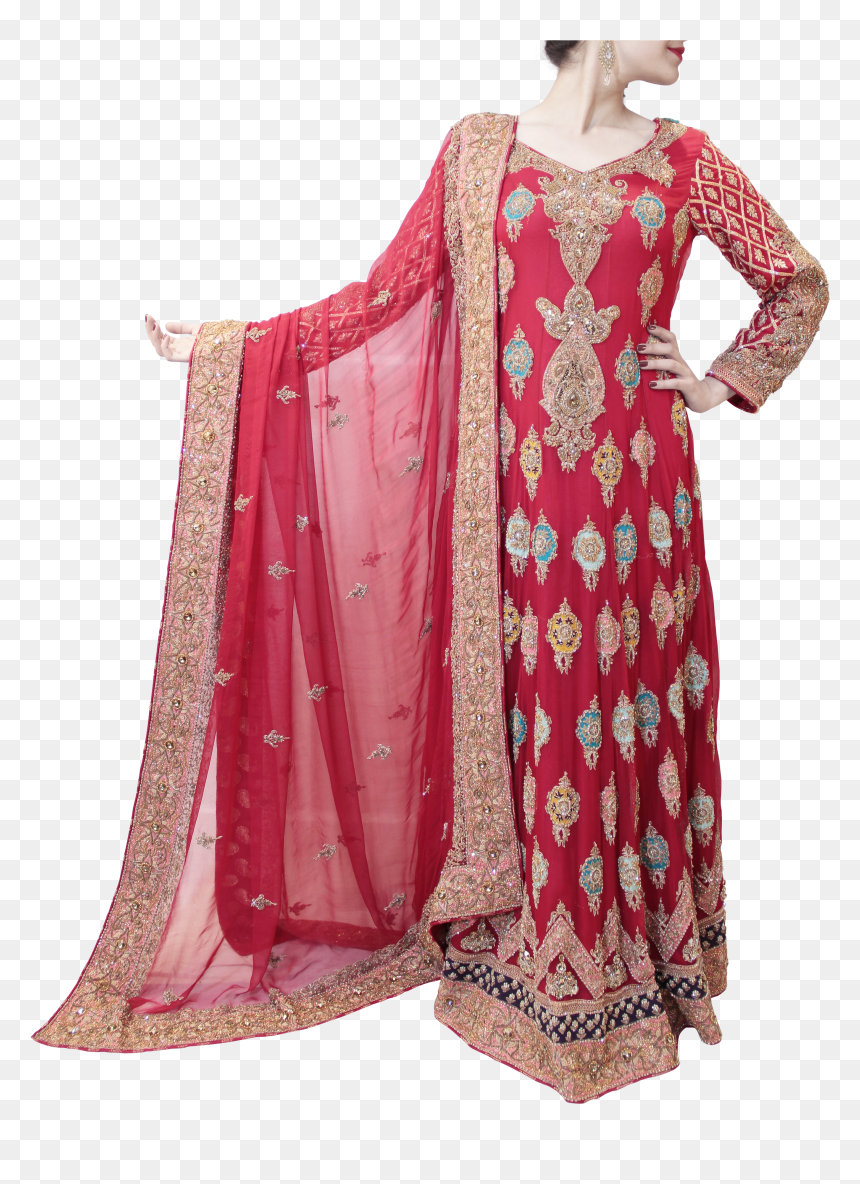 Red Pakistani Bridal Gown With Multicolored Trail ,, HD Png Download - bridal png