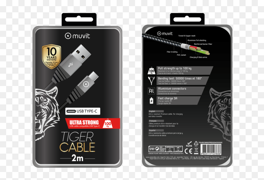 Muvit Tiger Cable Ultra Resistant Type-c 3a 2m Grey - Cable Muvit Tiger Ipad, HD Png Download - ultra mobile png