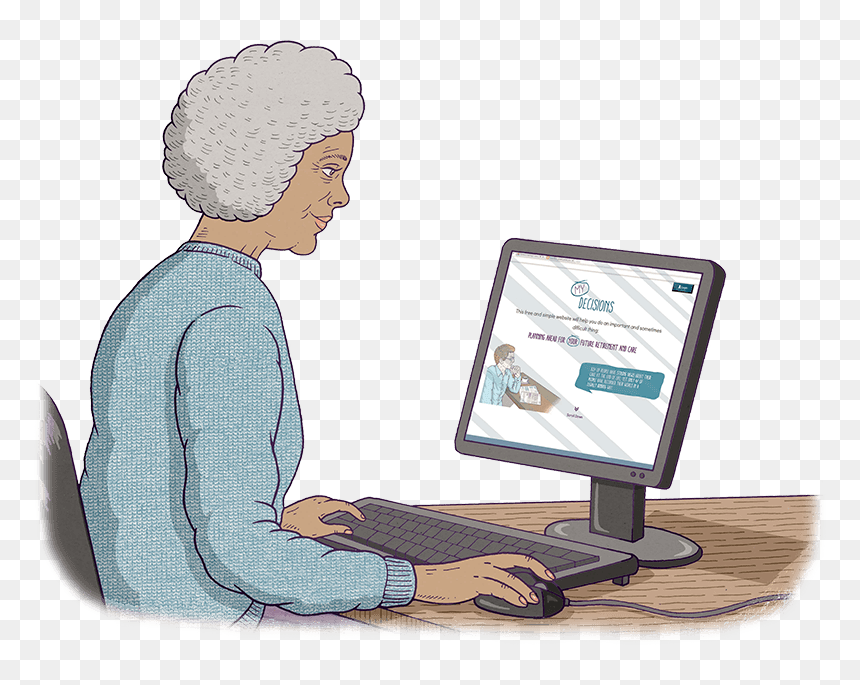 An Old Woman Is Sitting In Front Of A Computer Screen, - Sitting, HD Png Download - old computer screen png