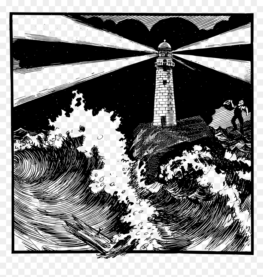 Lighthouse And Ocean Clip Arts - Black And White Illustration Ocean, HD Png Download - ocean png