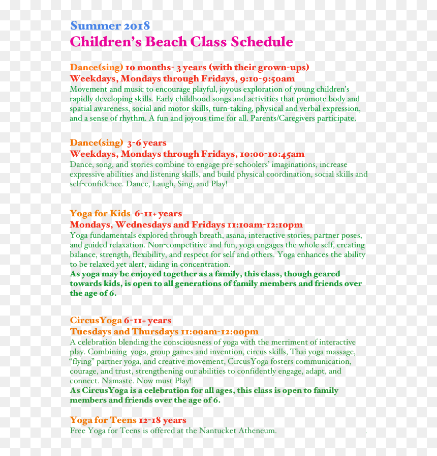 Summer 2018 Children"s Beach Class Schedule Dance - Coquelicot, HD Png Download - class of 2018 png