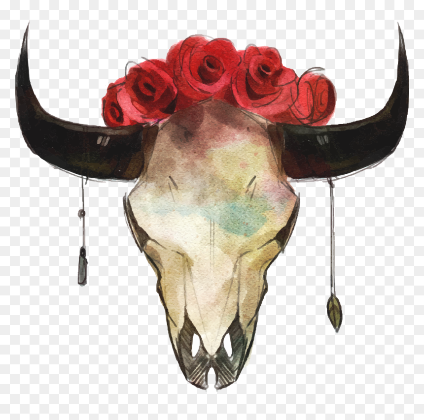 Skeleton Skull Horns Boho Hipster Flowers Roses Ftestic - Boho Antlers Png Transparent, Png Download - horns png