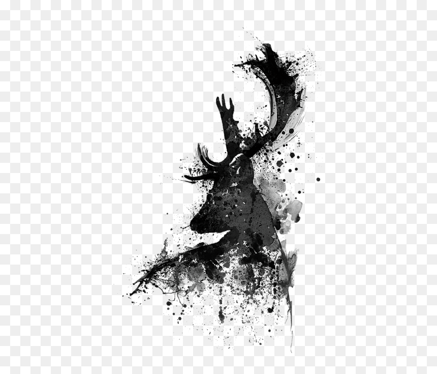 Black And White Watercolour, HD Png Download - deer head silhouette png