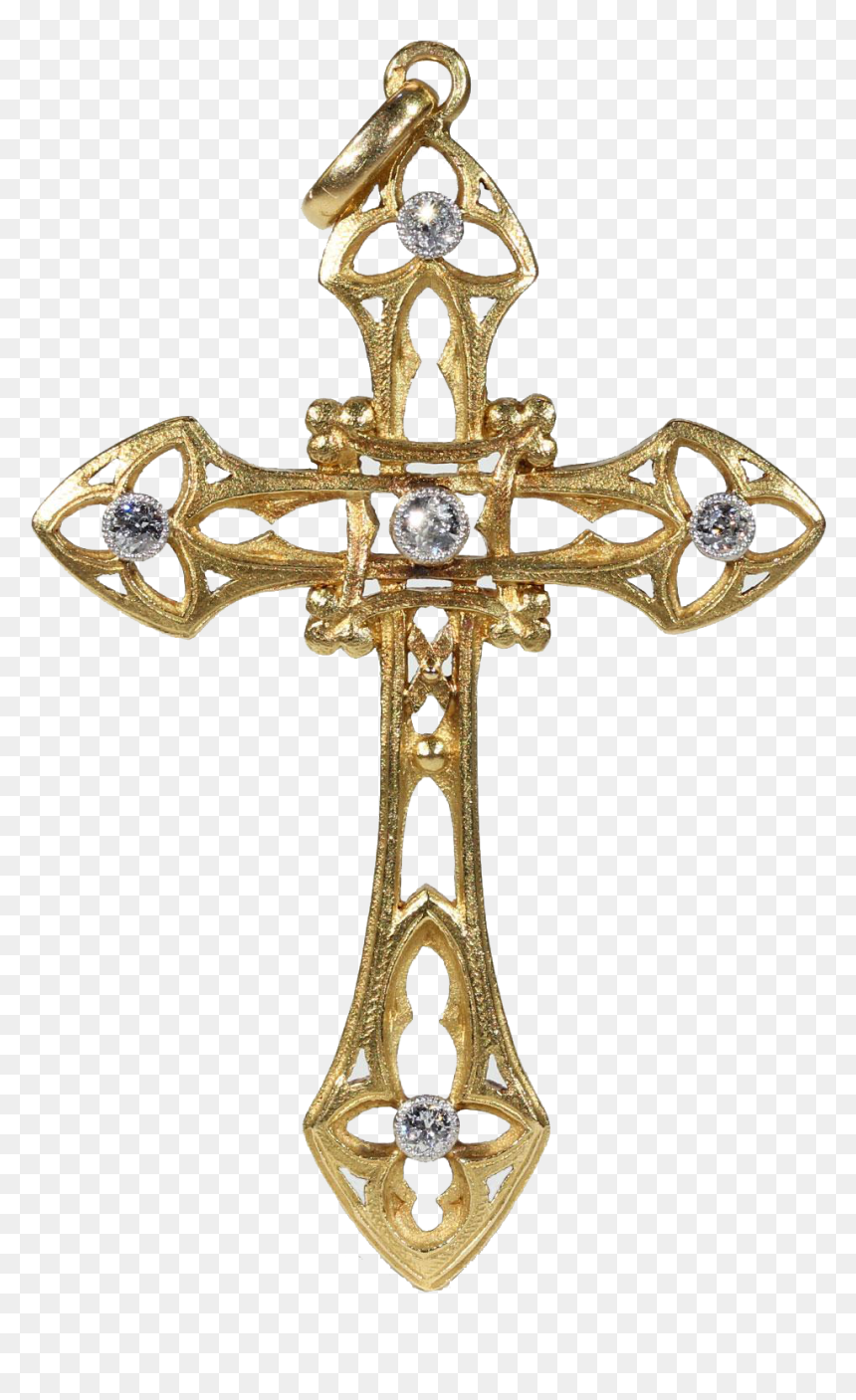 French Art Nouveau Diamond Gold Cross - Gold, HD Png Download - gold cross png