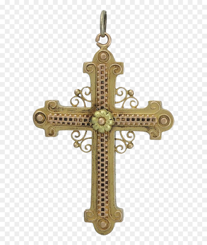 Victorian Period 13k Rose & Yellow Gold Cross Pendant - Cross, HD Png Download - gold cross png