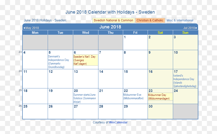 June 2018 Calendar With Swedish Holidays To Print - January 2018 Holiday Calendar, HD Png Download - 2018 calendar png